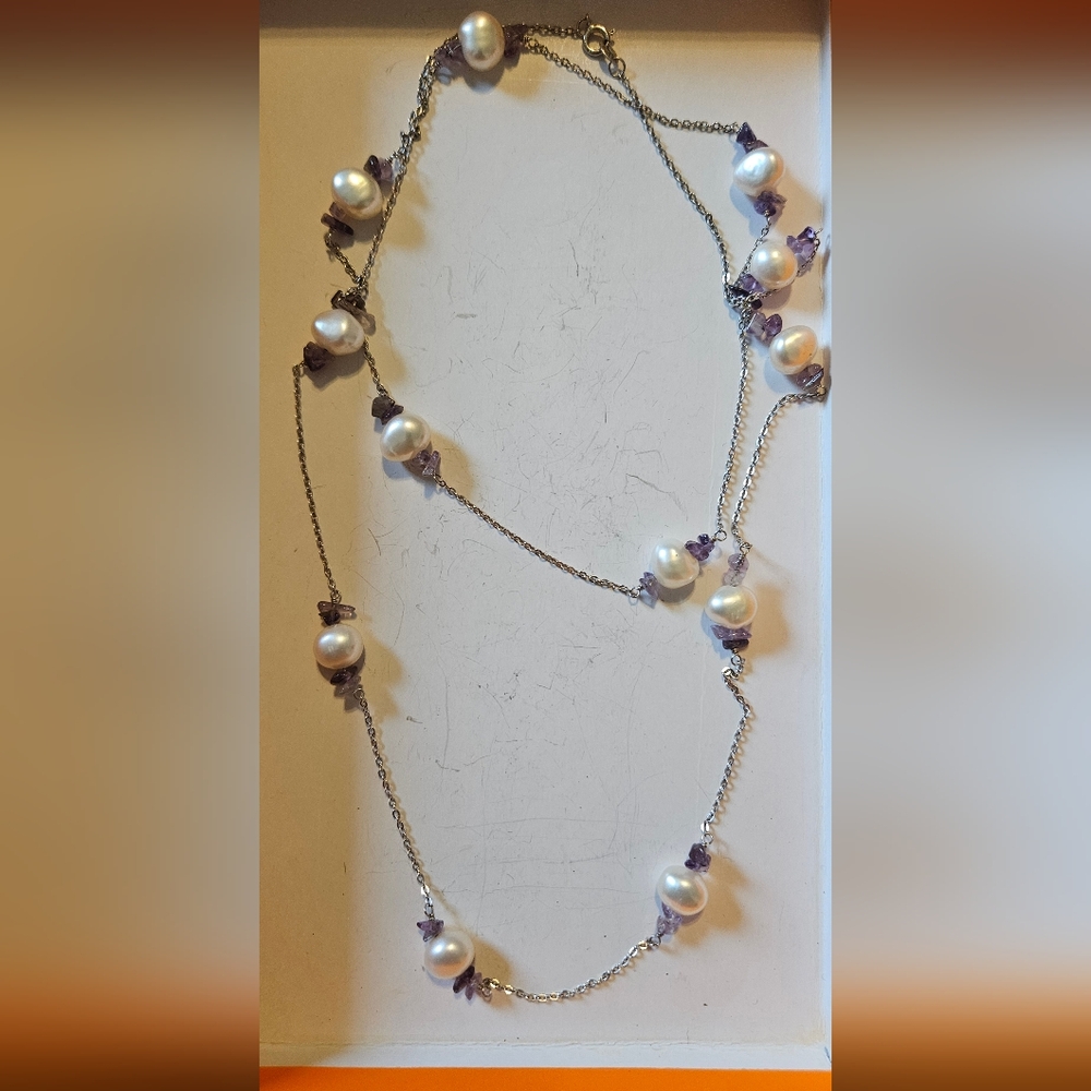 Amethyst and water pearl sterling silver necklace